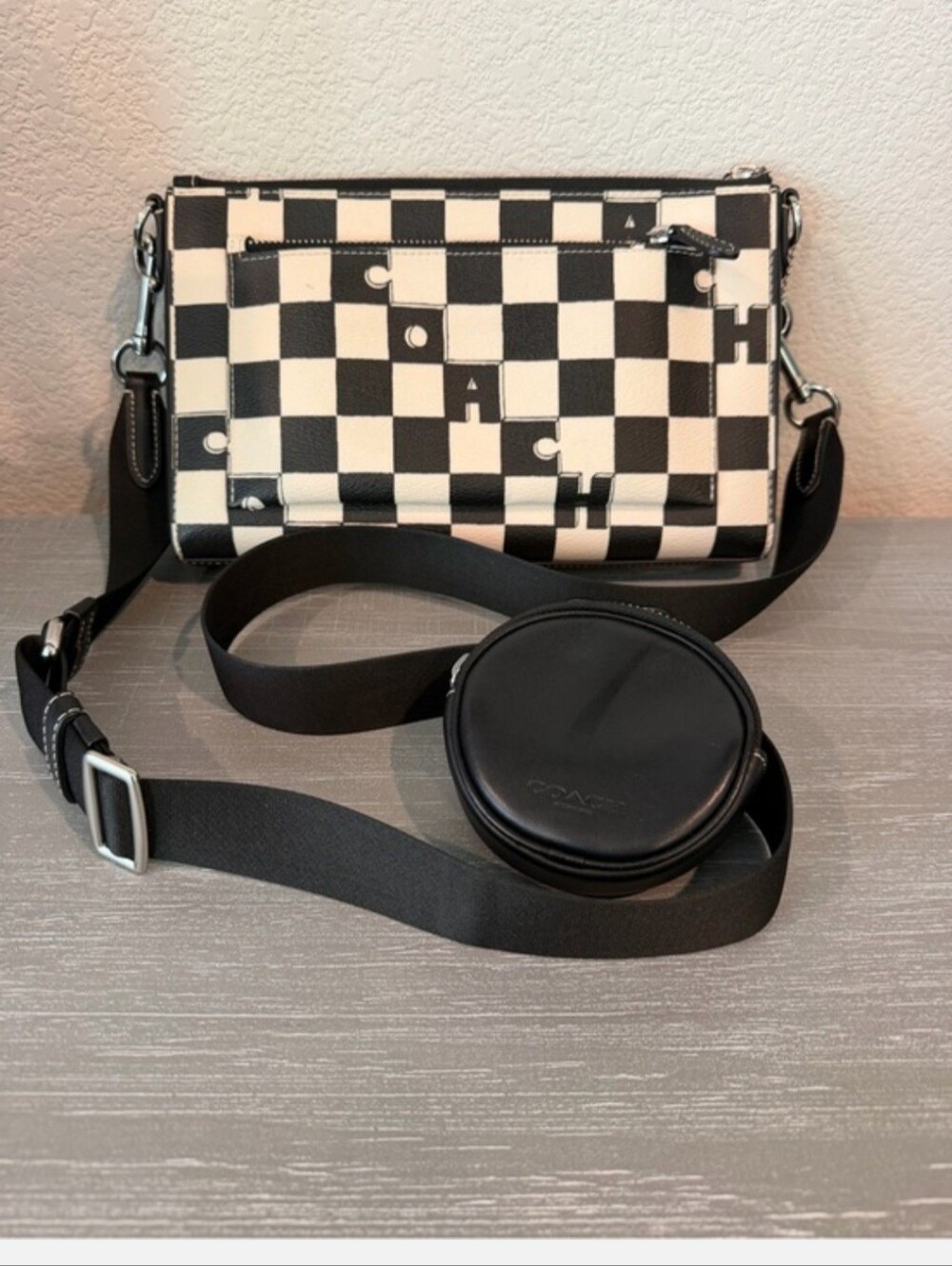 Coach Black & White Check Canvas Crossbody with Coin Pouch